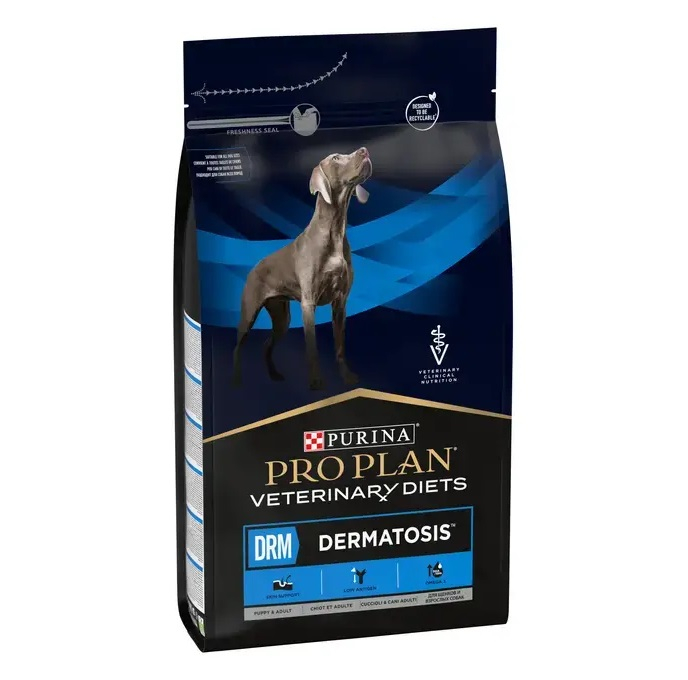 Hrană uscată dietetică Purina Pro Plan Veterinary Diets DRM Dermatosis pentru câini cu probleme dermatologice și alergii, sac de 12 kg.