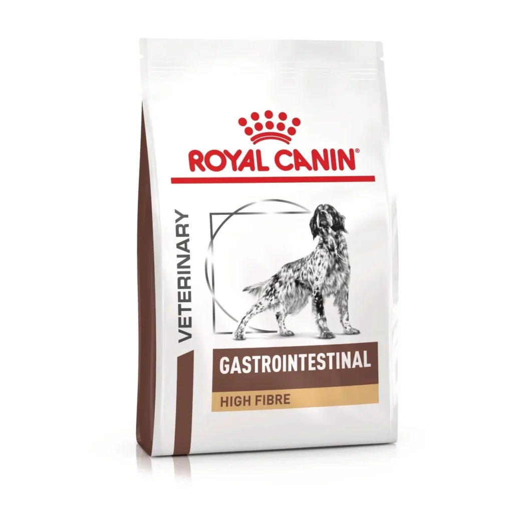 Sac de 7.5 kg cu hrană uscată dietetică Royal Canin Gastrointestinal High Fibre pentru câini cu tulburări de tranzit intestinal și colite.