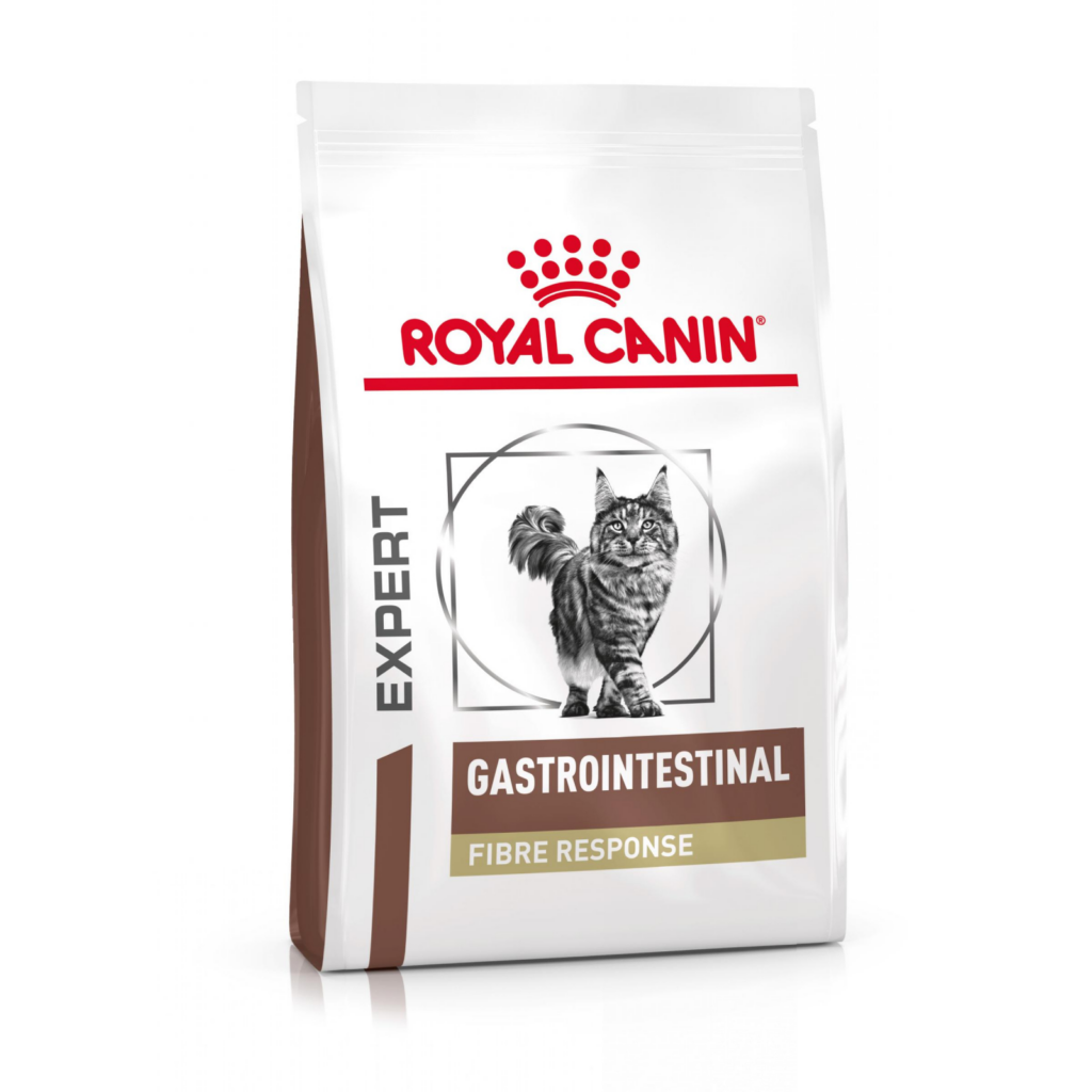 Sac de 2 kg cu hrană uscată dietetică Royal Canin Gastrointestinal Fibre Response, cu conținut bogat de psyllium pentru managementul constipației la pisici.