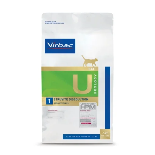 Hrană uscată dietetică Virbac Veterinary HPM Urology Struvite Dissolution pentru pisici, 3 kg, concepută pentru afecțiuni urinare și dizolvarea struviților.