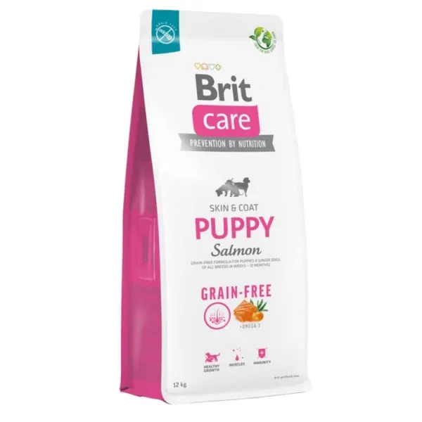 Hrană uscată hipoalergenică Brit Care Grain-Free Puppy pentru pui de câine, cu somon și cartofi, sac de 12 kg.