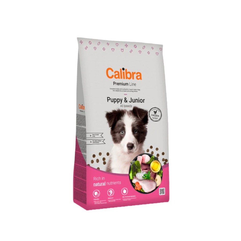 Hrană uscată Calibra Dog Premium Line Puppy & Junior pentru pui de câine și câini tineri, sac de 12 kg.