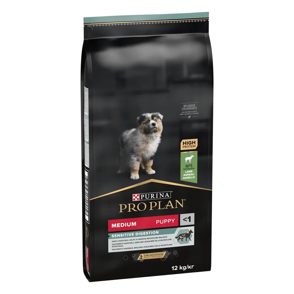 Hrană uscată Purina Pro Plan Medium Puppy Sensitive Digestion pentru pui de câine cu digestie sensibilă, cu miel, sac de 12 kg.