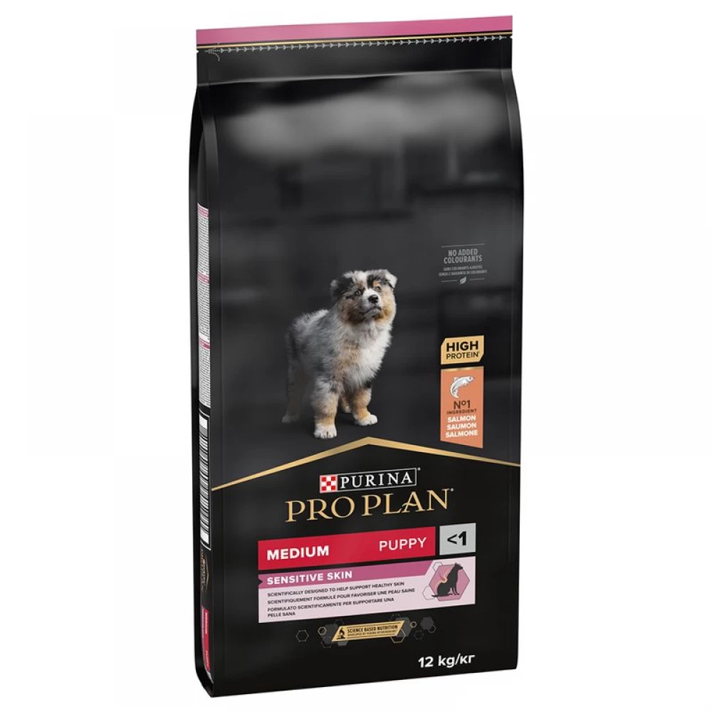 Hrană uscată Purina Pro Plan Medium Puppy Sensitive Skin pentru pui de câine de talie medie, cu somon, sac de 12 kg.