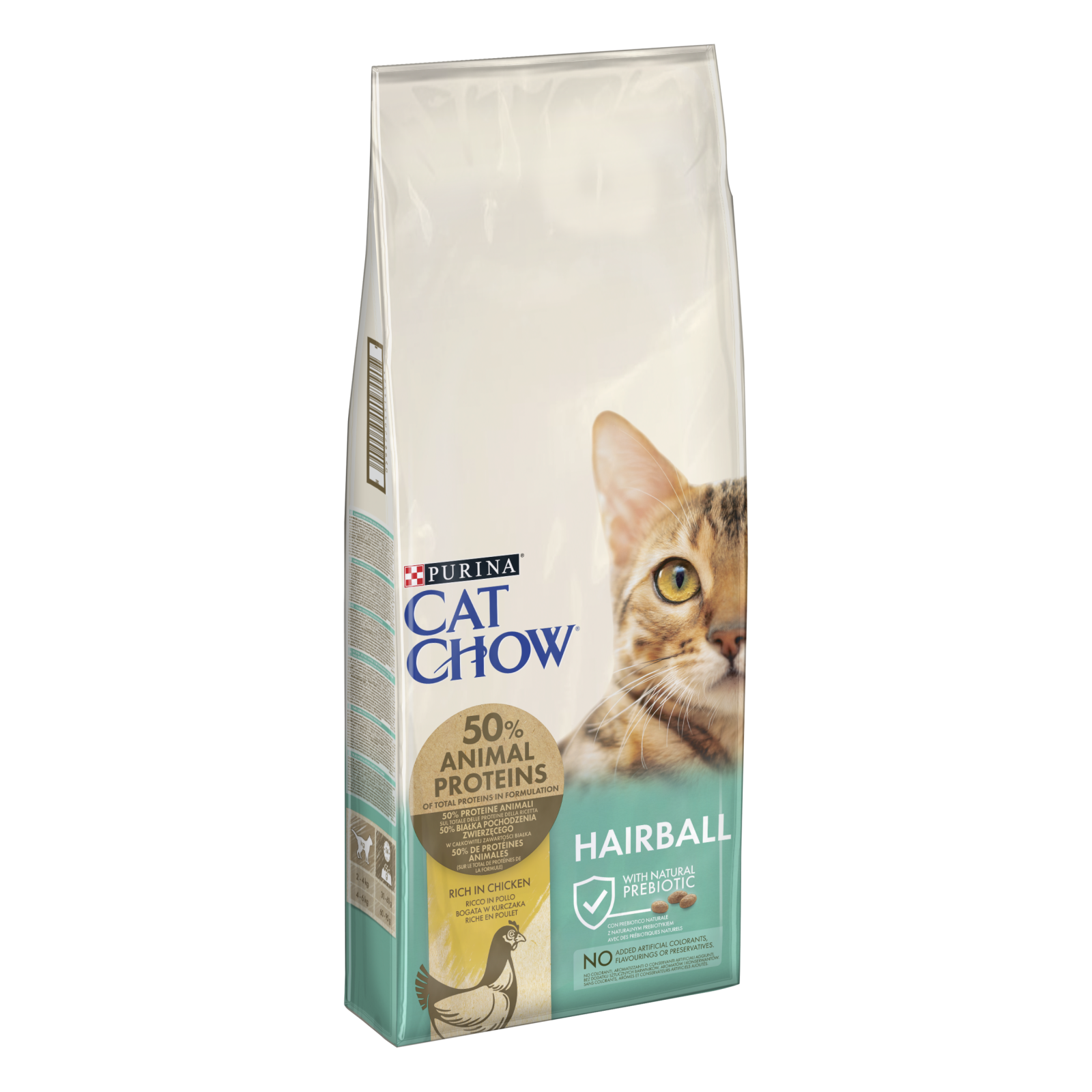 Sac de 15 kg cu hrană uscată Purina Cat Chow Special Care Hairball Control cu pui, specială pentru eliminarea ghemoicelor de păr la pisici.