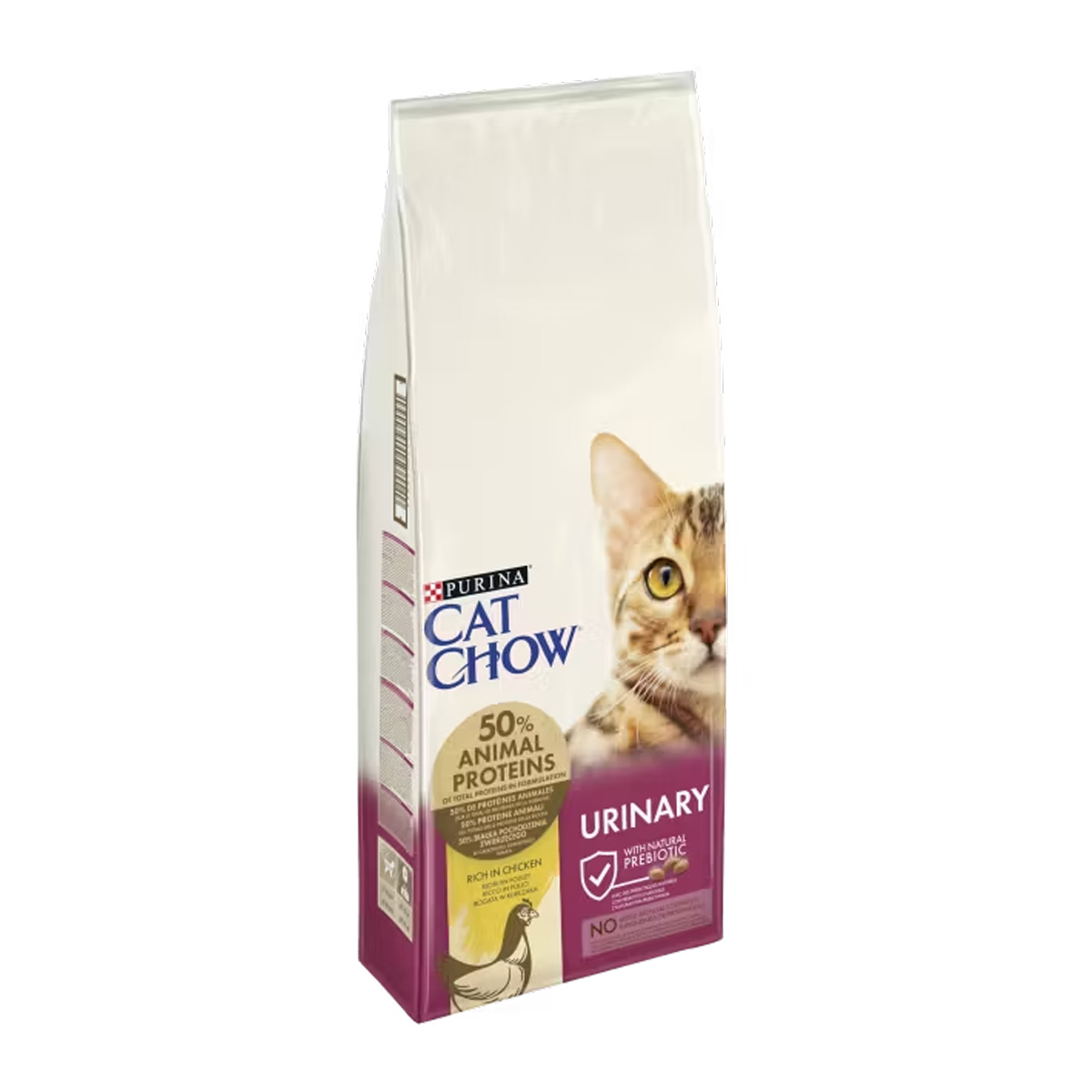 Sac de 15 kg cu hrană uscată Purina Cat Chow Urinary Tract Health cu pui, specială pentru protecția sistemului urinar la pisici adulte.