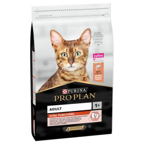 Sac de 10 kg cu hrană uscată super-premium Purina Pro Plan Adult Vital Functions cu somon, pentru protecția organelor vitale la pisici adulte.