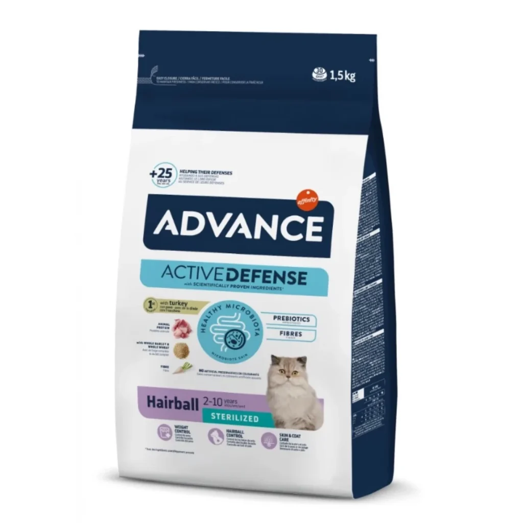 Sac de 1.5 kg cu hrană uscată Advance Sterilized Hairball pentru pisici sterilizate cu tendință de formare a ghemoicelor de păr.