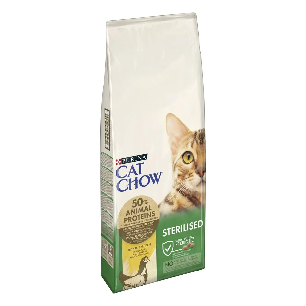 Sac de 15 kg cu hrană uscată Purina Cat Chow Special Care Sterilised cu pui, pentru pisici adulte sterilizate.
