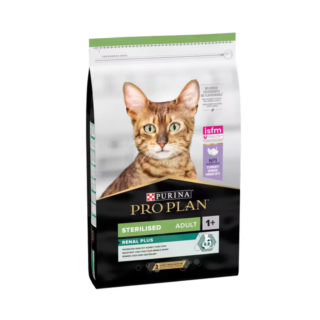 Sac de 10 kg cu hrană uscată super-premium Purina Pro Plan Sterilised Renal Plus cu curcan, pentru pisici adulte sterilizate.