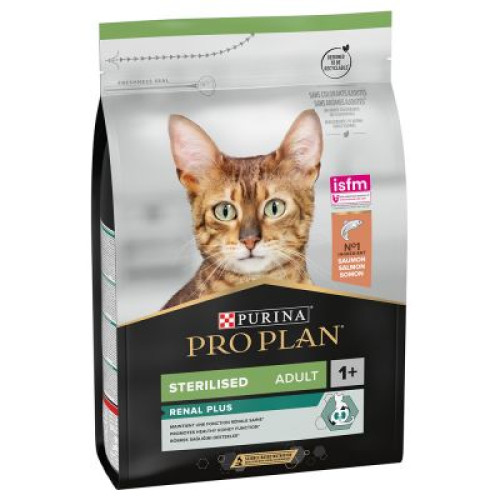 Sac de 10 kg cu hrană uscată super-premium Purina Pro Plan Sterilised cu somon, pentru pisici adulte sterilizate.