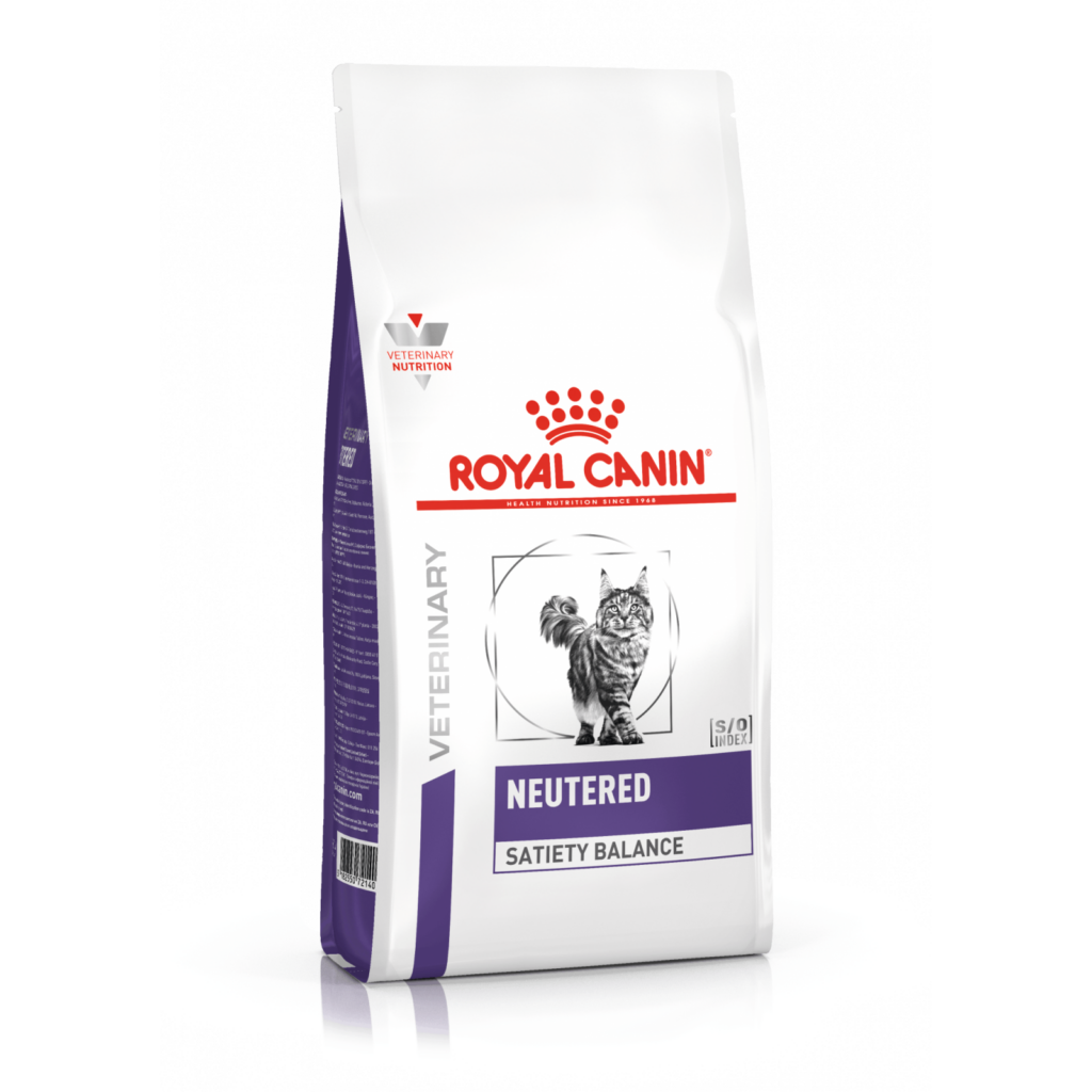 Sac de 400 g cu hrană uscată Royal Canin Neutered Satiety Balance, formulă veterinară pentru controlul apetitului și sănătatea urinară a pisicilor sterilizate.