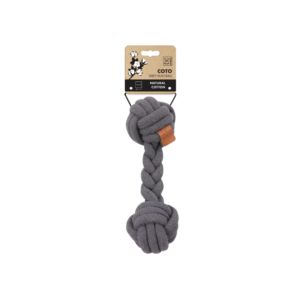 Jucărie ecologică pentru câini M-Pets Coto Duo Ball de culoare gri, formată din două bile rezistente conectate, ideală pentru aport și ros.