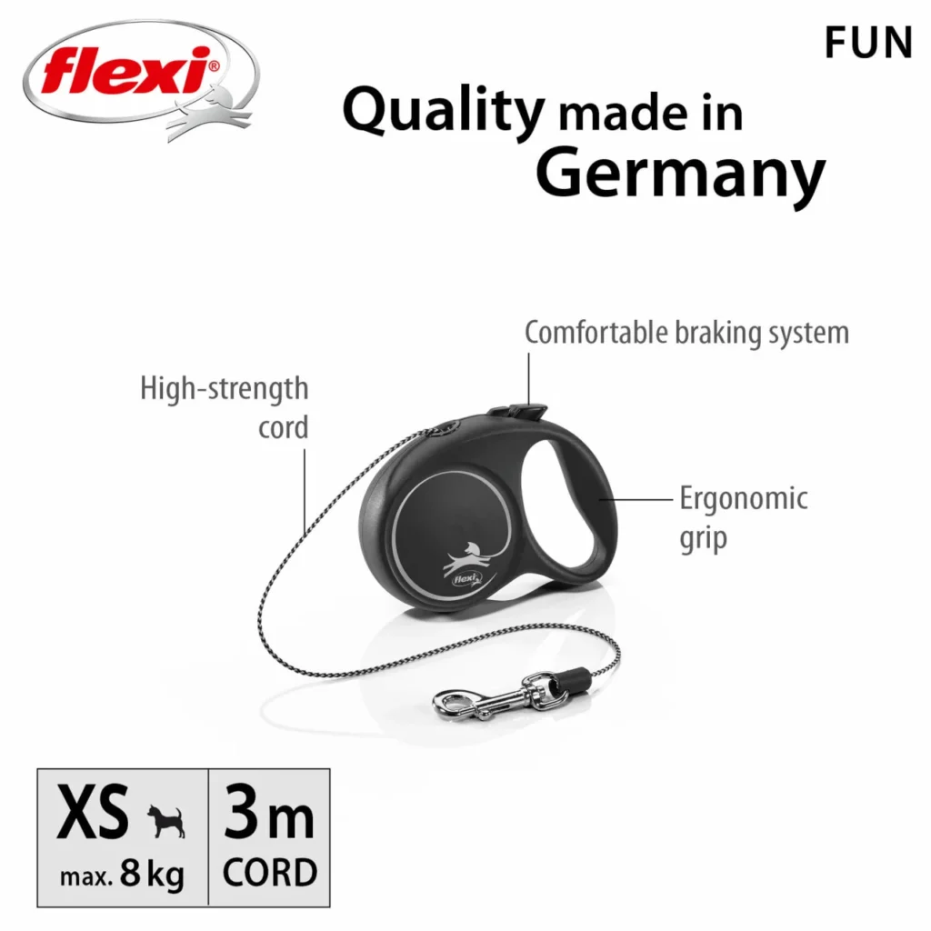 Lesă retractabilă ultra-compactă cu șnur Flexi Fun mărimea XS, de culoare neagră, lungime 3 metri, cu sistem rapid de frânare, pentru câini de talie foarte mică și pui de până la 8 kg.