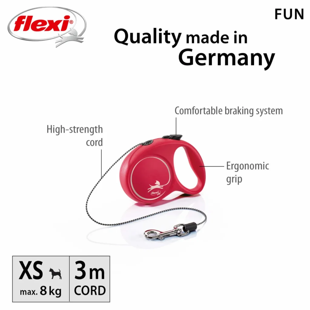 Lesă retractabilă ultra-compactă cu șnur Flexi Fun mărimea XS, de culoare roșie, lungime 3 metri, cu sistem rapid de frânare, pentru câini de talie foarte mică și pui de până la 8 kg.
