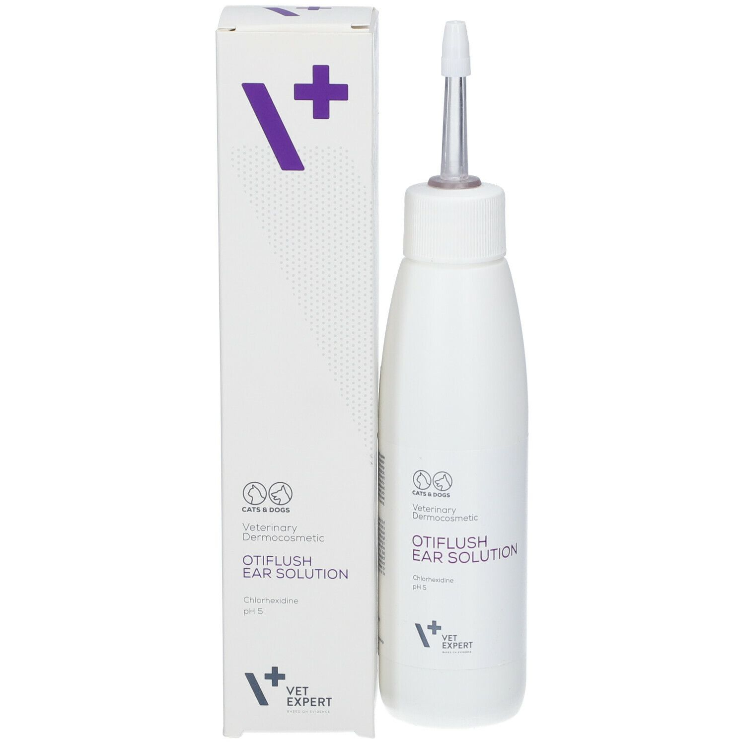 Flacon de 125 ml cu loțiune auriculară antiseptică OtiFlush VetExpert cu clorhexidină și Tris-EDTA pentru câini și pisici.