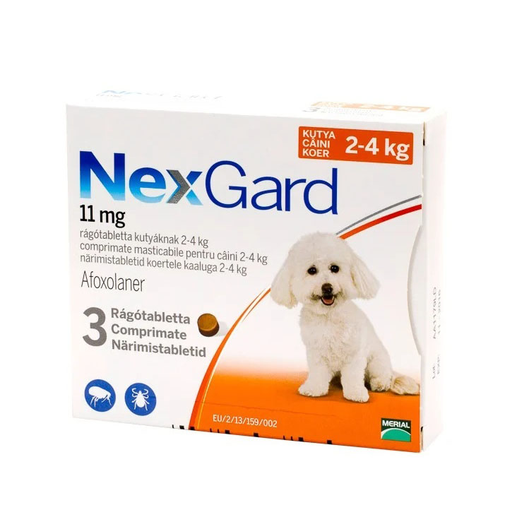 NexGard S (11 mg), 3 tablete masticabile antiparazitare pentru câini de talie mică (2-4 kg), cu aromă de vită.