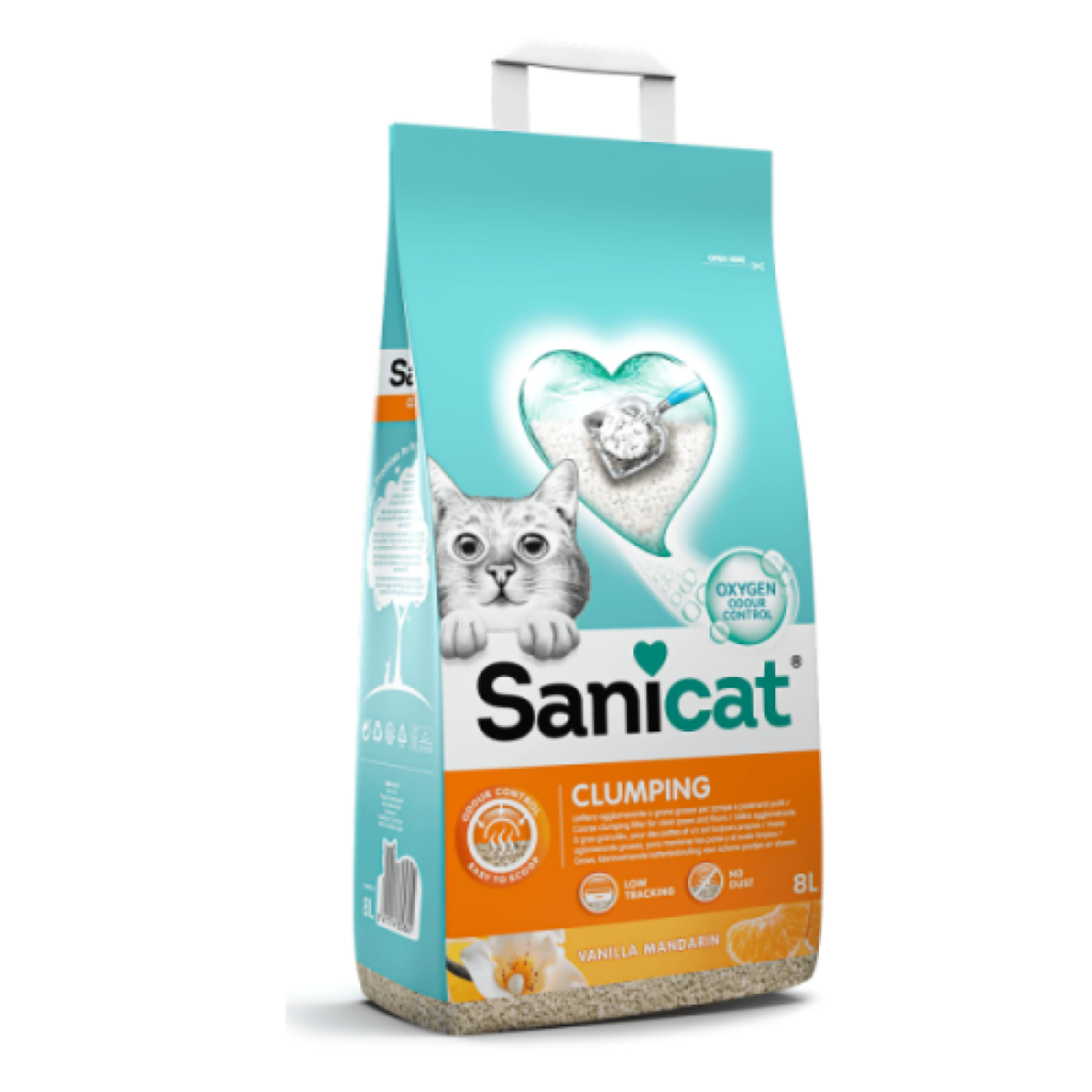 Sac ecologic din hârtie de 8L cu nisip aglomerant din bentonită naturală Sanicat Clumping cu parfum de vanilie și mandarină pentru pisici.
