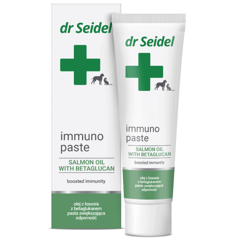 Tub de 105 g cu pastă Dr. Seidel Immuno Paste pentru stimularea imunității naturale la câini și pisici.