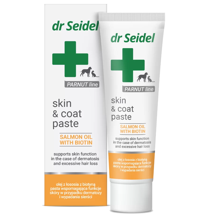 Tub de 105 g cu pastă Dr. Seidel Skin & Coat pentru sănătatea pielii și a blănii la câini și pisici.