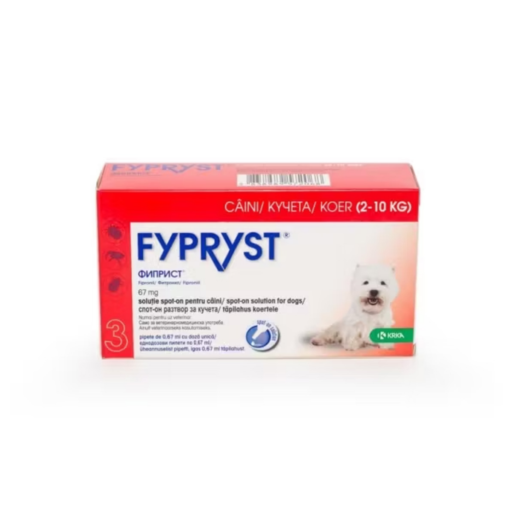 Cutie cu 3 pipete antiparazitare spot-on Fypryst Dog S 67 mg, pentru câini de talie mică cu greutatea între 2 și 10 kg.