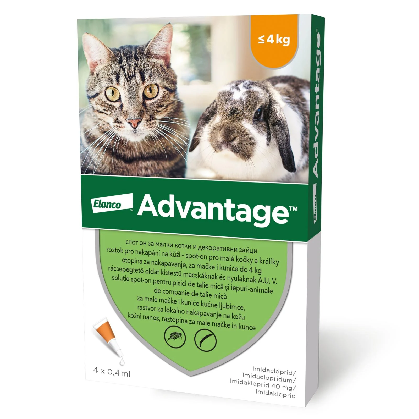 Cutie cu 4 pipete antiparazitare spot-on Advantage 40 mg, tratament eficient împotriva puricilor pentru pisici și iepuri cu greutatea sub 4 kg.