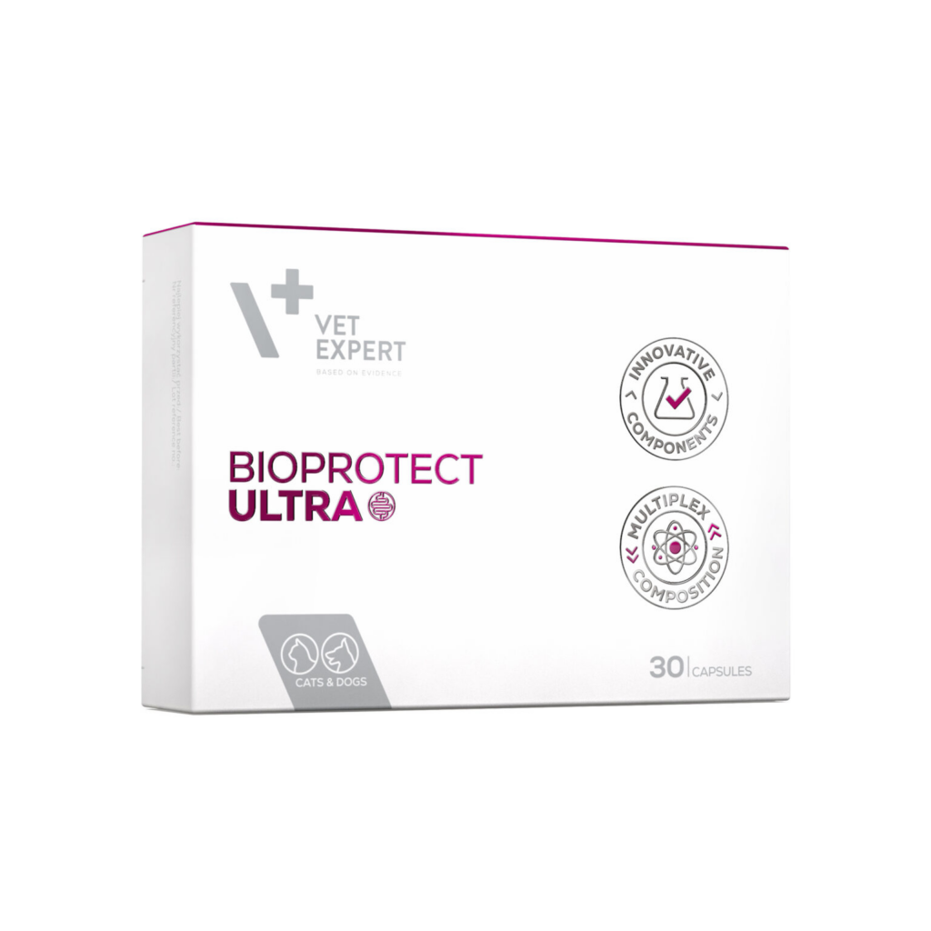 Cutie cu 30 de capsule Twist-Off BioProtect Ultra VetExpert, supliment simbiotic cu probiotice și prebiotice pentru câini și pisici.