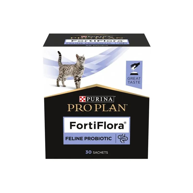 Cutie cu 30 de plicuri de 1 g Purina Pro Plan FortiFlora Feline, supliment probiotic sub formă de pudră pentru refacerea florei intestinale la pisici.