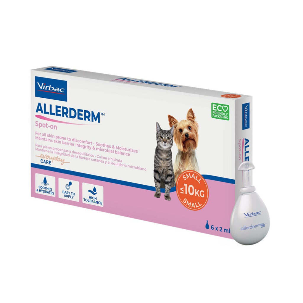 Aplicare topică cu soluția dermatologică Virbac Allerderm Spot-on pentru refacerea barierei cutanate la pisici și câini de talie mică.