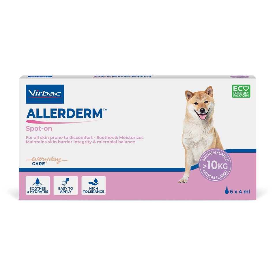 Aplicare cutanată cu soluția Virbac Allerderm Spot-on pentru refacerea pielii și a barierei protectoare la câini.