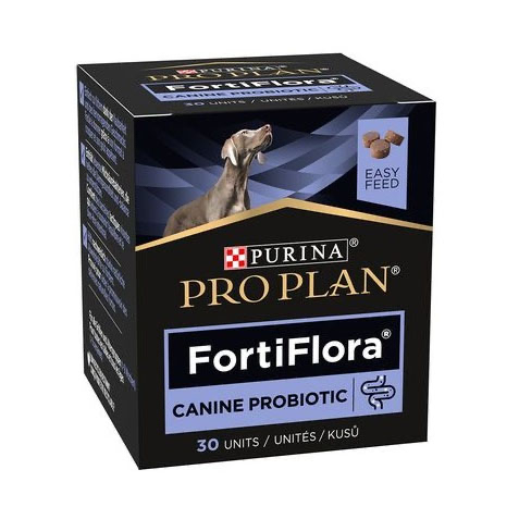 Cutie cu 30 de tablete masticabile Purina Pro Plan FortiFlora, supliment probiotic pentru refacerea florei intestinale la câini.