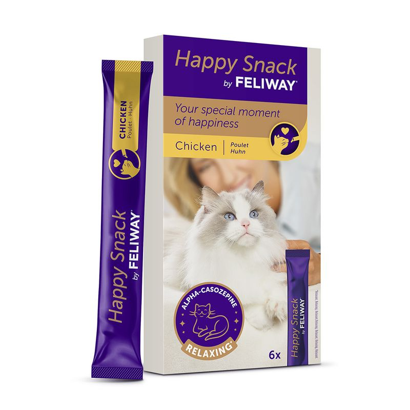 Cutie cu 6 pliculețe de recompense lichide calmante Feliway Happy Snack cu pui, destinate relaxării pisicilor stresate.