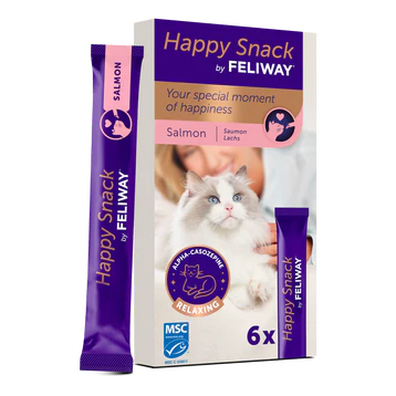 Cutie cu 6 pliculețe de recompense lichide calmante Feliway Happy Snack cu somon, destinate relaxării pisicilor stresate.