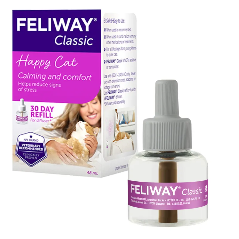 Flacon de rezervă Feliway Classic de 48 ml pentru difuzorul cu feromoni antistres dedicat pisicilor.