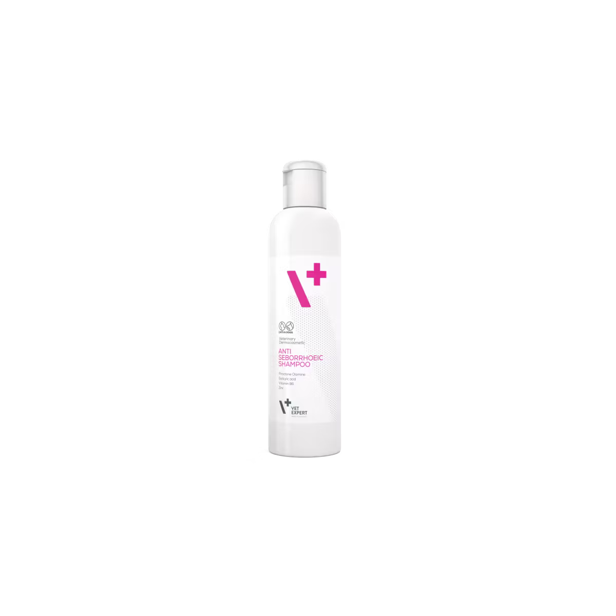 Flacon de șampon dermatologic VetExpert Antiseboreic pentru tratarea seboreei și a mătreții la câini și pisici.