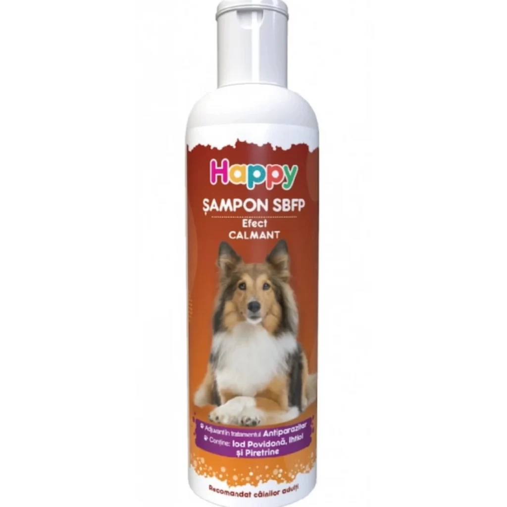 Flacon de 200 ml de șampon terapeutic Happy SBFP pentru tratarea afecțiunilor dermatologice la câini și pisici.