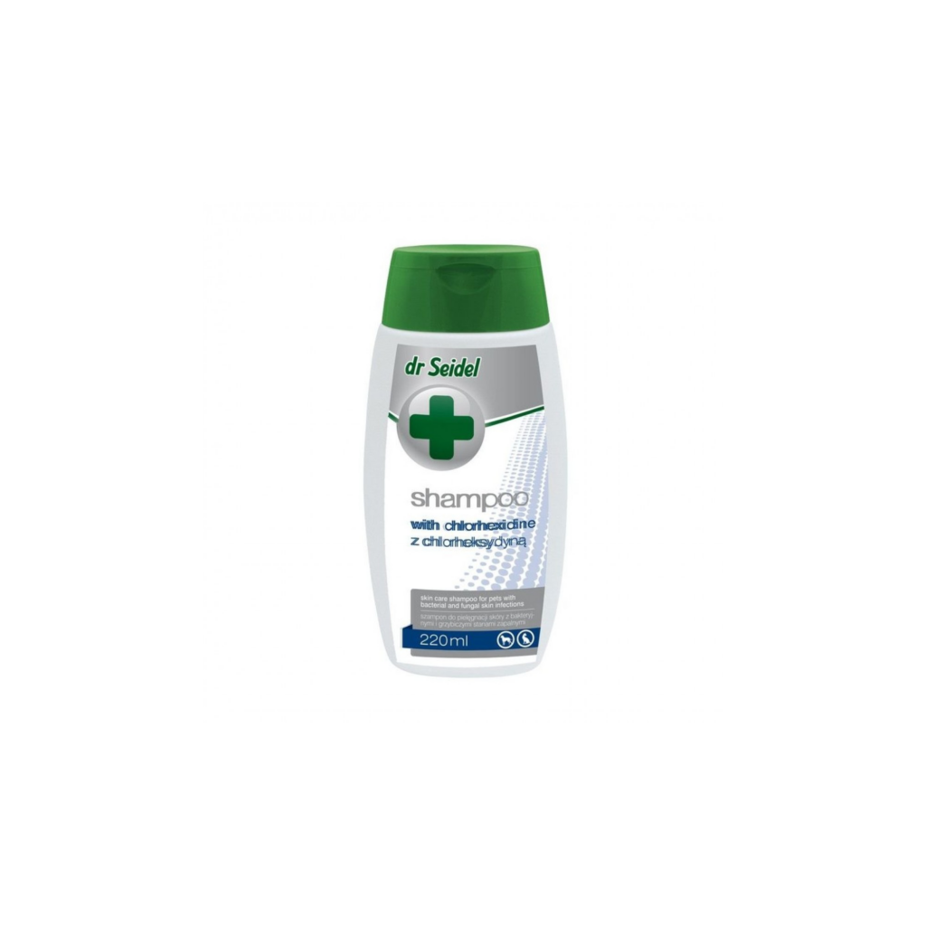 Flacon de șampon dermatologic concentrat Dr. Seidel cu clorhexidină pentru tratarea infecțiilor pielii la animale.