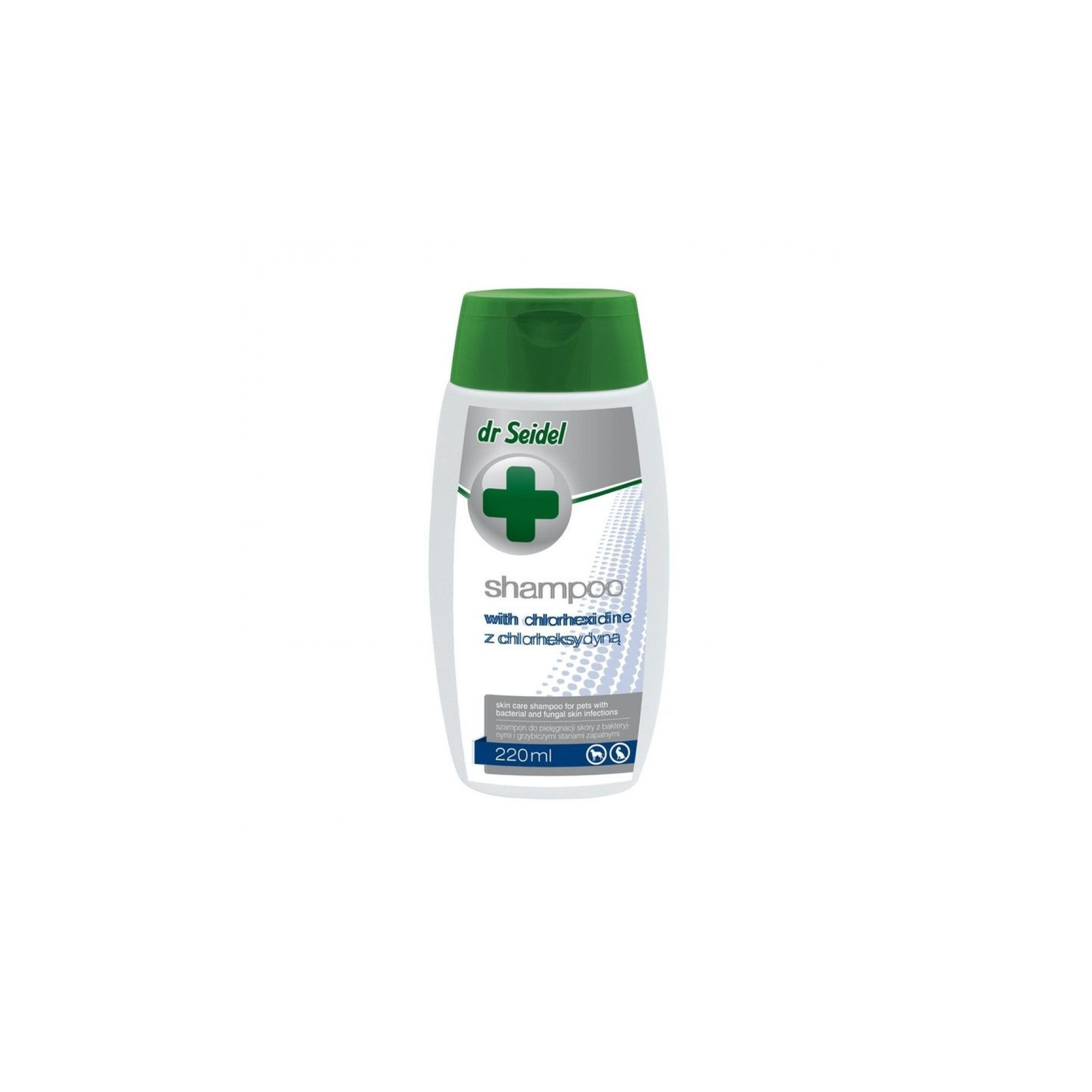 Flacon de șampon dermatologic concentrat Dr. Seidel cu clorhexidină pentru tratarea infecțiilor pielii la animale.