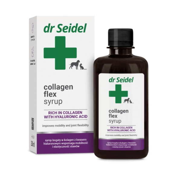 Flacon de 250 ml de sirop Dr. Seidel Collagen Flex pentru susținerea mobilității și a flexibilității articulațiilor la câini și pisici.