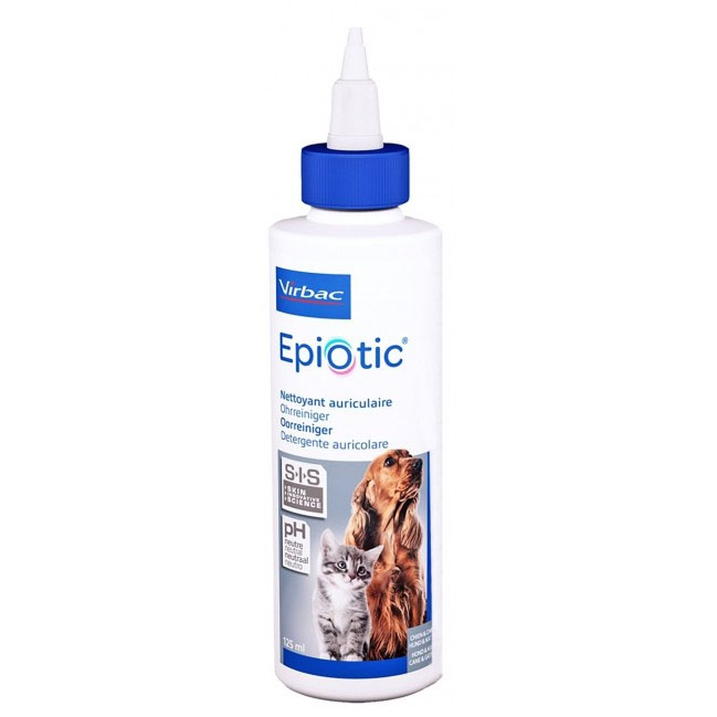 Flacon de 125 ml cu aplicator flexibil Virbac Epi-Otic, soluție auriculară antiseptică și cerumenolitică pentru igiena urechilor la câini și pisici.