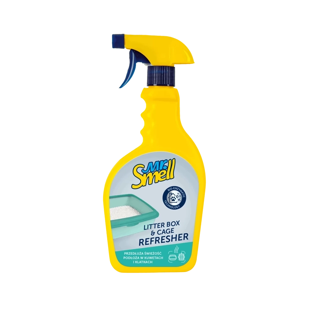 Flacon de 500 ml cu pulverizator Mr. Smell Cage & Litter Box, spray bio-enzimatic pentru eliminarea mirosurilor de urină din litiere și cuști de rozătoare.
