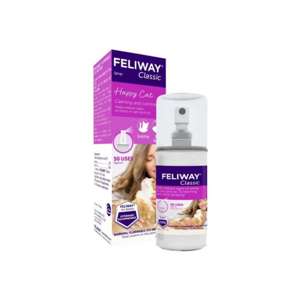 Flacon de spray antistres Feliway Classic cu feromoni pentru calmarea pisicilor în timpul transportului și reducerea marcajelor.
