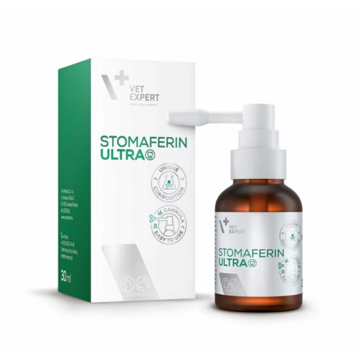 Flacon cu pompă dozatoare Stomaferin Ultra VetExpert 30 ml, gel stomatologic antiseptic cu clorhexidină și lactoferină pentru câini și pisici.