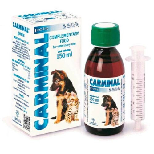 Flacon de 150 ml Catalysis Carminal Pets, supliment lichid activat molecular pentru protecție gastrică și ameliorarea afecțiunilor digestive la câini și pisici.