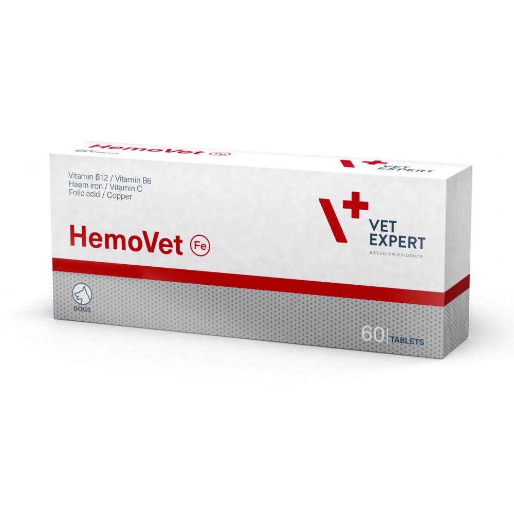 Cutie cu 60 de tablete VetExpert HemoVet pentru combaterea anemiei și susținerea formării sângelui la câini.