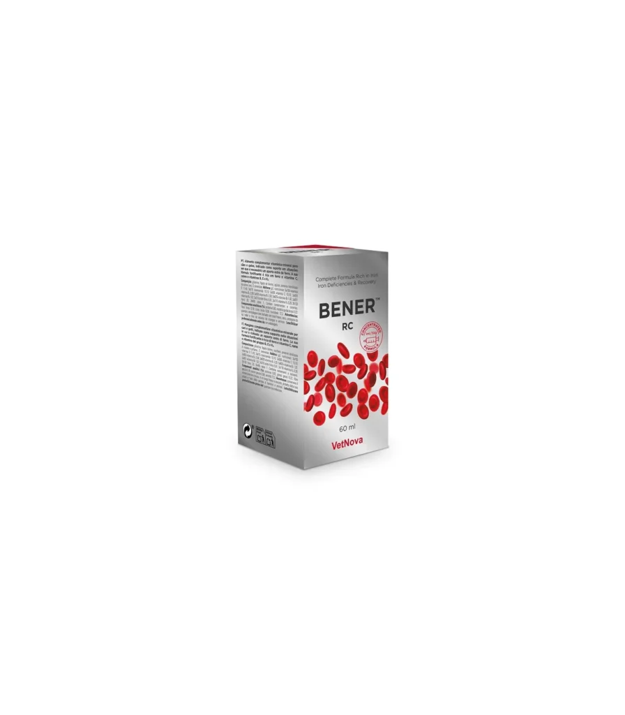 Flacon de 60 ml VetNova B-Ener-RC, supliment lichid cu fier și potasiu pentru tratarea anemiei și suport renal la câini și pisici.