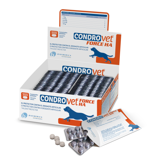 Blister cu 10 comprimate palatabile Condrovet Force HA, supliment avansat cu colagen și acid hialuronic pentru sănătatea articulațiilor la câini și pisici.