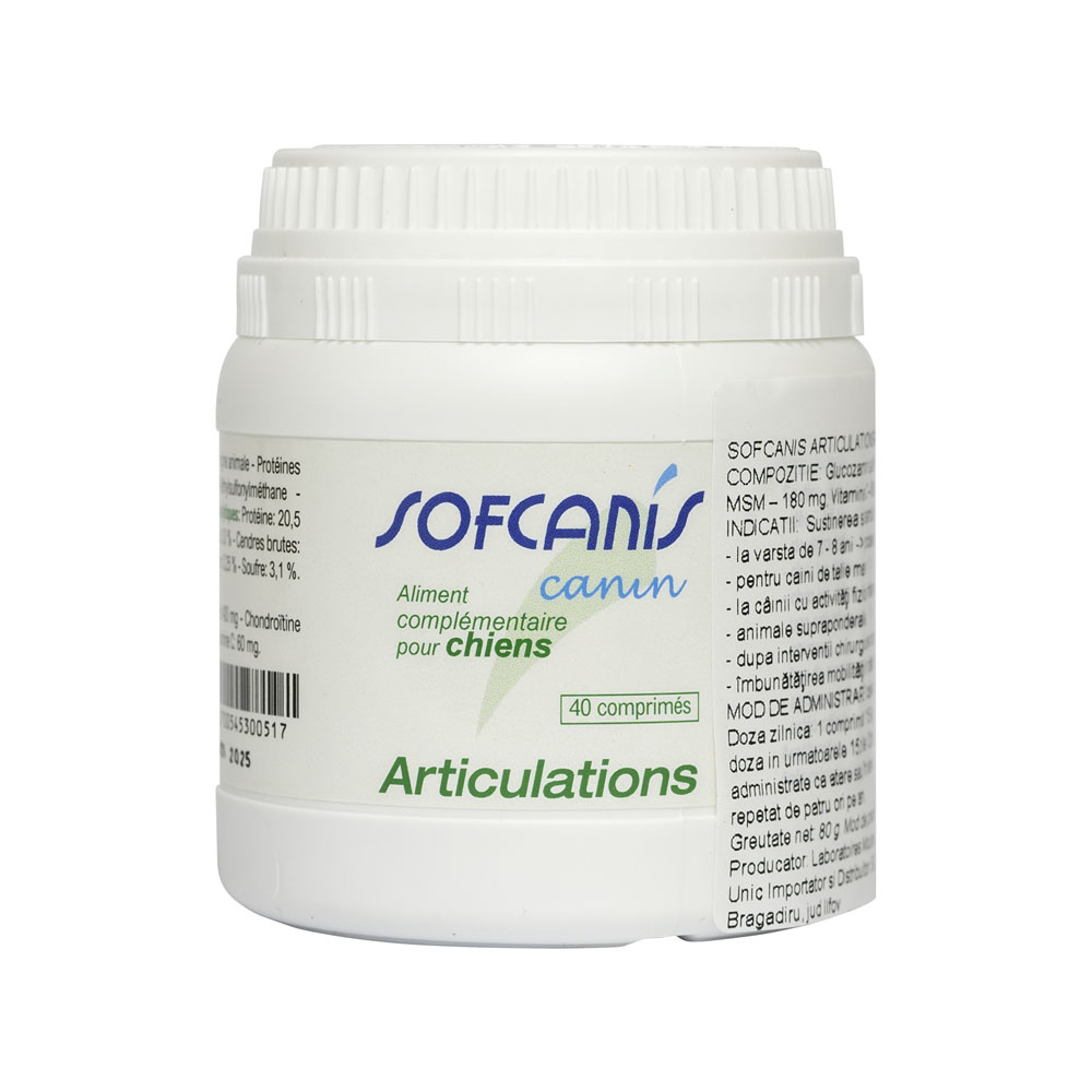 Cutie cu 40 de comprimate Sofcanis Articulation, supliment condroprotector pentru refacerea cartilajului și susținerea articulațiilor la câini.