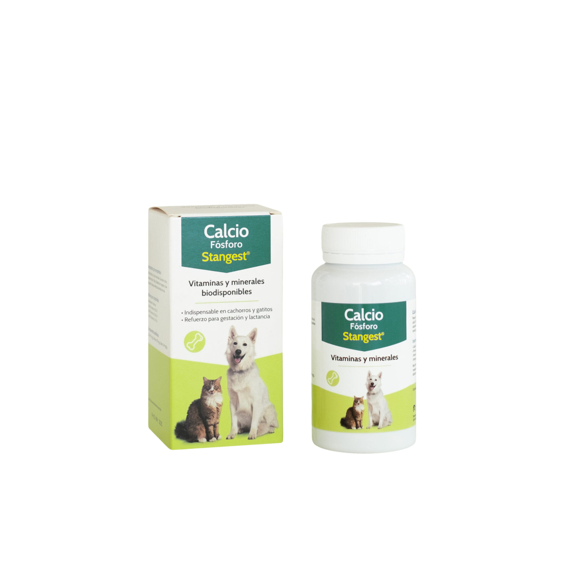 Cutie cu 100 de tablete Stangest Calcio y Fósforo, supliment mineral cu vitamina D3 pentru sistemul osos la câini și pisici.