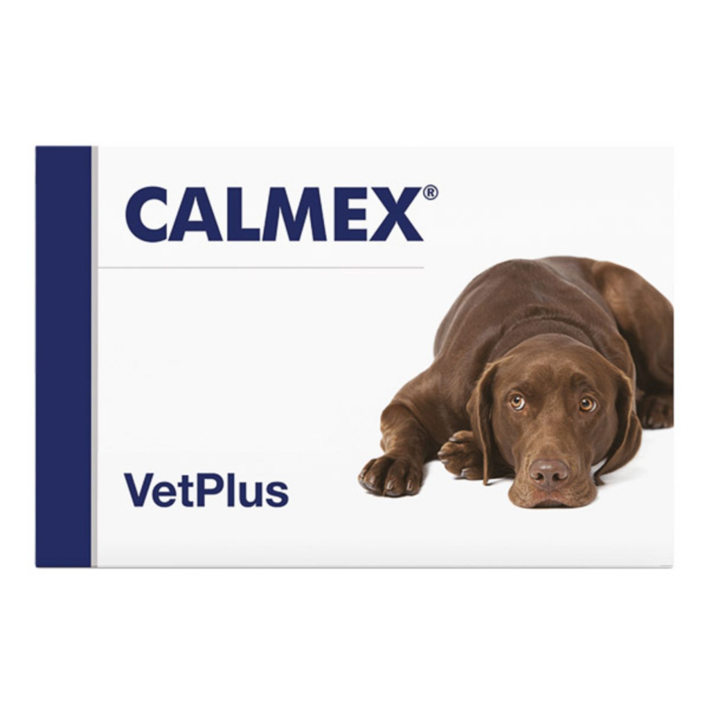 Cutie cu comprimate VetPlus Calmex, supliment cu acțiune rapidă pentru calmarea stresului și anxietății la câini.